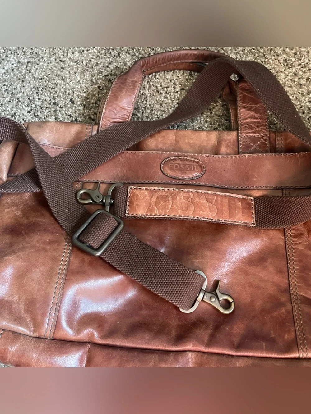 Fossil VTG 16” Brown Leather Satchel Crossbody Bag Messenger Computer Briefcase